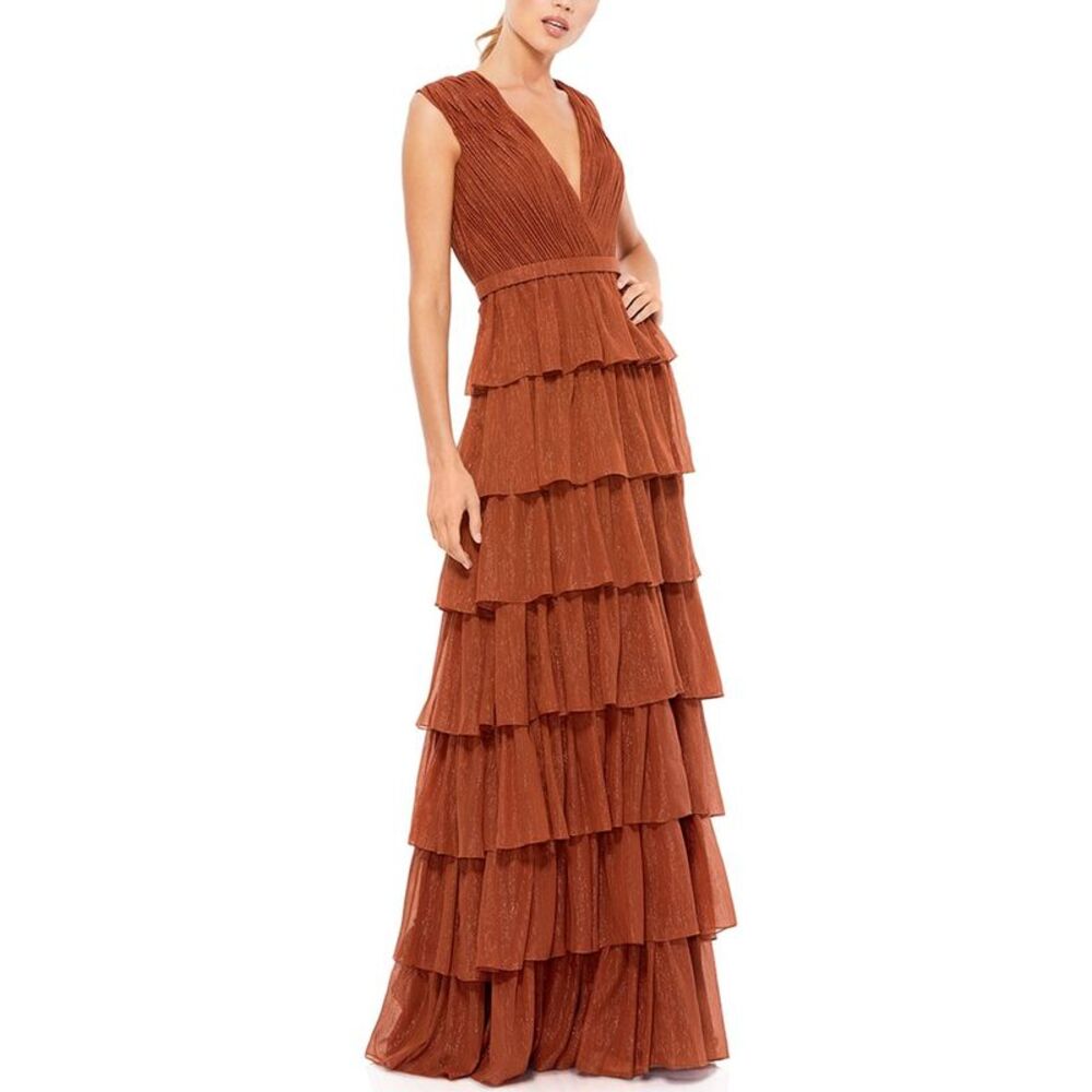 Mac Duggal Womens  Plunge Neck Ruffle Tiered Gown, Brown